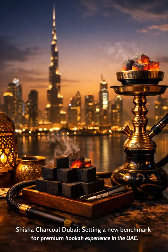 A premium hookah setup in a luxury Dubai lounge atmosphere, representing the high standards of shisha culture in the UAE where shisha charcoal Dubai quality defines the overall hookah experience.