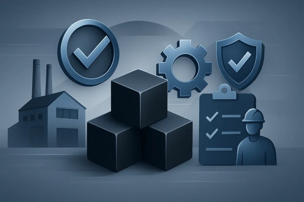 A modern industrial-style illustration showing the complete ecosystem of a premium shisha charcoal supplier, including consistency, reliability, transparency, and quality control. The visual highlights charcoal briquettes, a factory backdrop, and metallic silver-blue accents to represent premium quality standards.