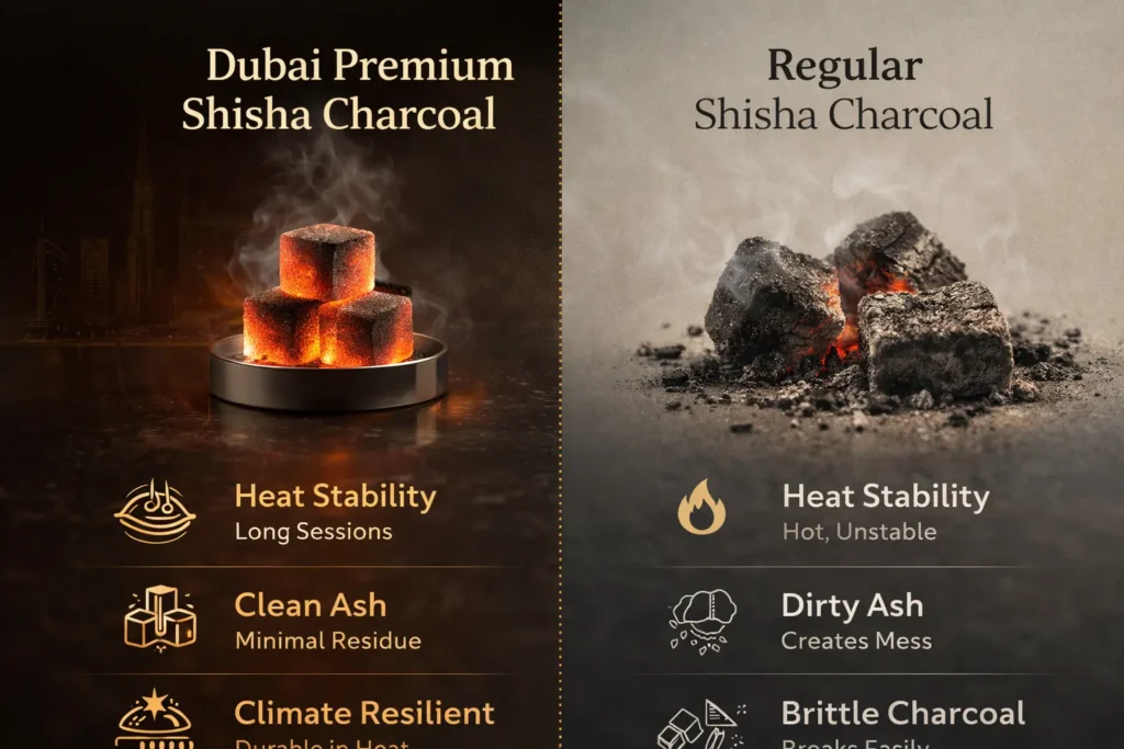 A sleek, side-by-side comparison of Dubai's premium coconut charcoal and regular charcoal, showcasing key differences in heat stability, cleanliness, and durability. The premium charcoal on the left is shown in glowing perfection, while the regular charcoal on the right highlights instability and mess, reflecting the refined demands of Dubai’s luxury market.