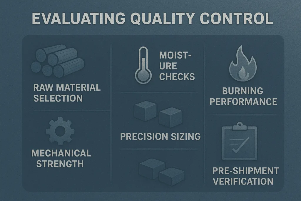 A clean industrial infographic representing the full quality control process of shisha charcoal briquettes—from raw coconut shell selection to final pre-shipment verification. Includes icons and technical visuals with metallic silver-blue accents.