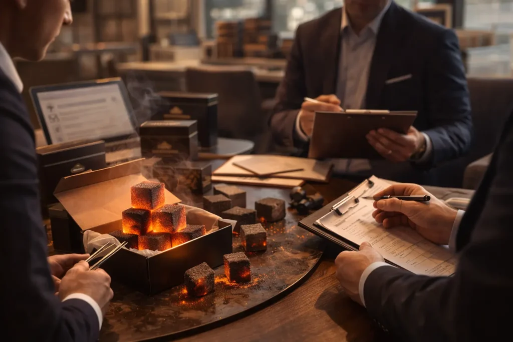 Captured in a professional office setting, this image showcases the firm handshake between a shisha charcoal supplier and a premium buyer, signaling the start of a strong business partnership. Surrounded by glowing charcoal and elegant packaging, the scene conveys trust, quality, and a commitment to long-term collaboration in the luxury shisha industry.