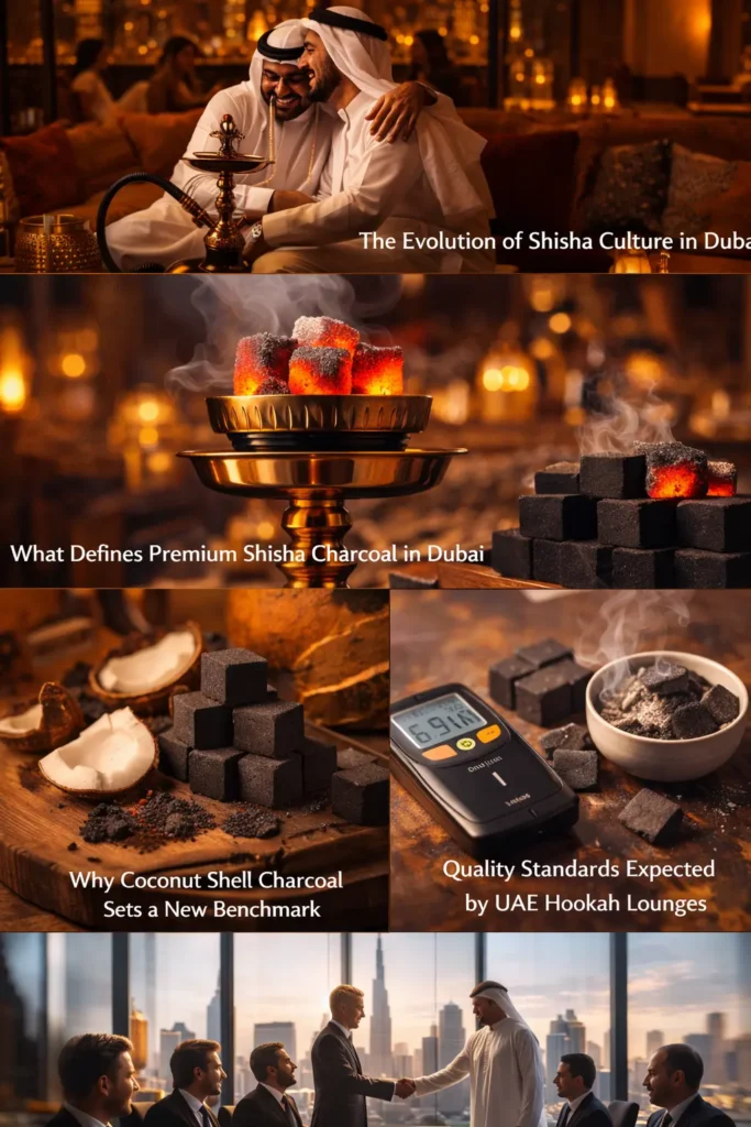 An elegant shisha lounge environment in Dubai showcasing the transition from traditional shisha gatherings to modern luxury hookah experiences supported by high-quality shisha charcoal Dubai.