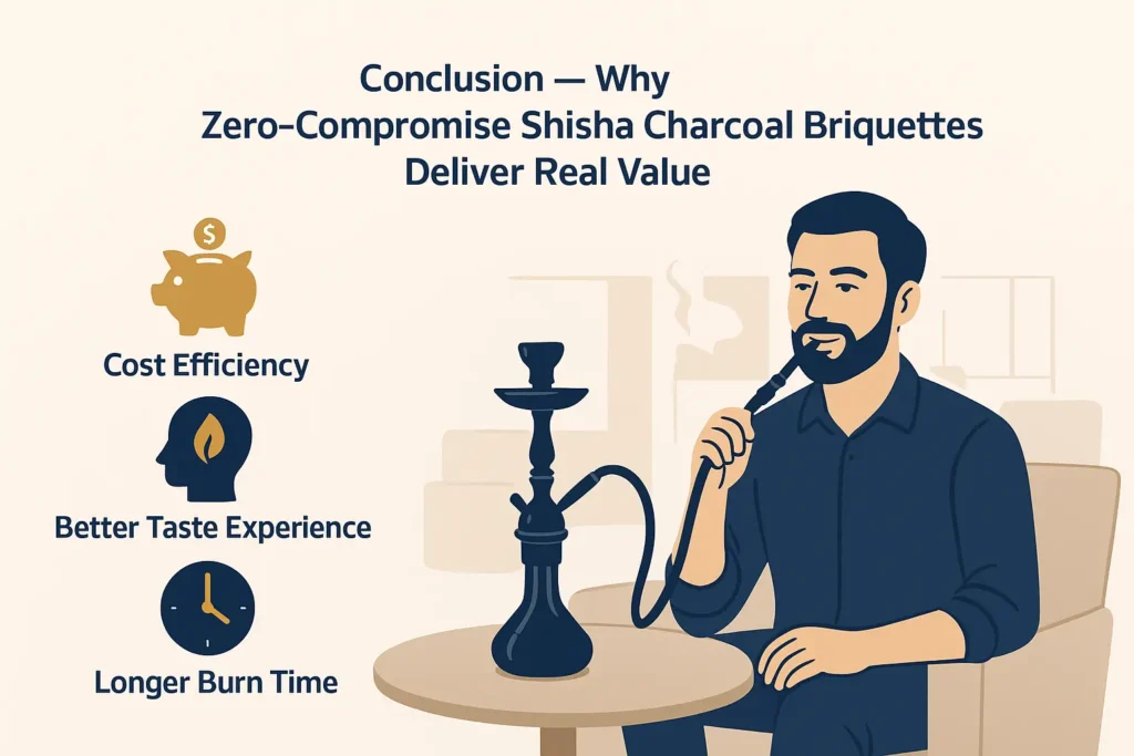 Concluding image emphasizing the value of premium shisha charcoal briquettes in enhancing hookah experiences for lounges and international buyers.